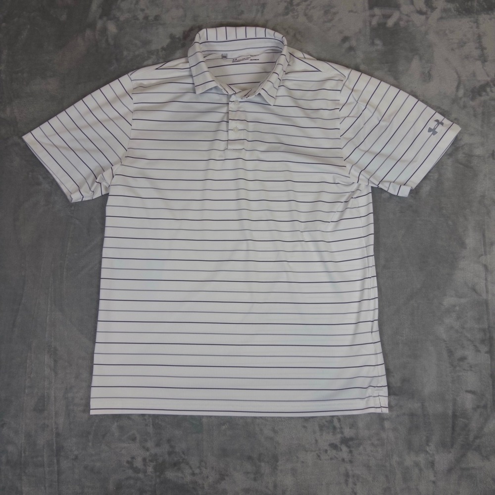 Under Armour Polo Shirt Mens Large White Striped HeatGear Short Sleeve Golf Tee